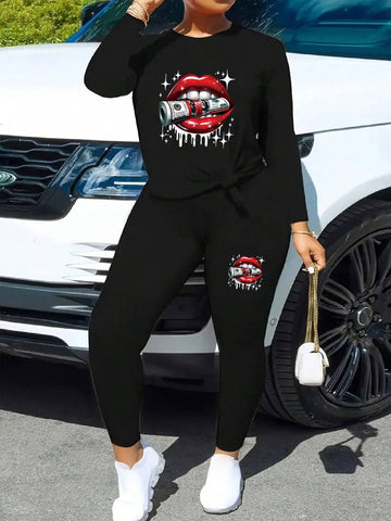 Stylish And Funny Lip Hanging Dollar Pattern, Women's Autumn Solid Color Crew Collar Long Sleeve T-Shirt And Pants Casual Suit, Everyday Soft And Comfortable,