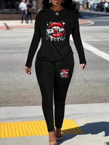 Stylish And Funny Lip Hanging Dollar Pattern, Women's Autumn Solid Color Crew Collar Long Sleeve T-Shirt And Pants Casual Suit, Everyday Soft And Comfortable,