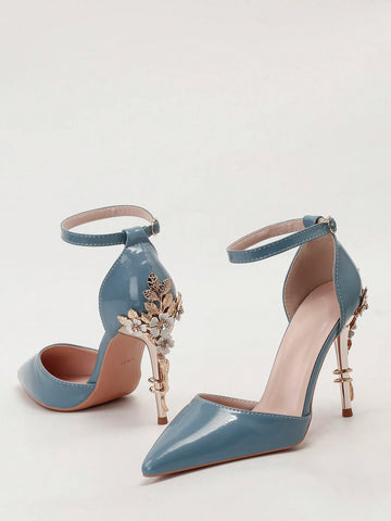 Stylish And Sexy Women's High Heels With Metal Rhinestones, Pointed Toe One-Strap Design