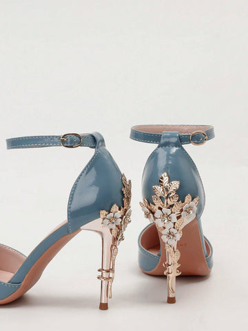 Stylish And Sexy Women's High Heels With Metal Rhinestones, Pointed Toe One-Strap Design