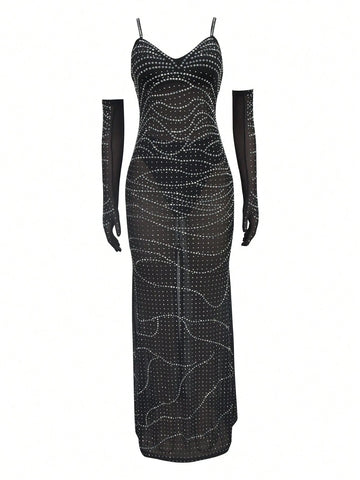 Stylish European And American See-Through Crystal Mesh Spaghetti Strap Cocktail Party Dress