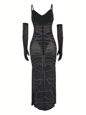 Stylish European And American See-Through Crystal Mesh Spaghetti Strap Cocktail Party Dress