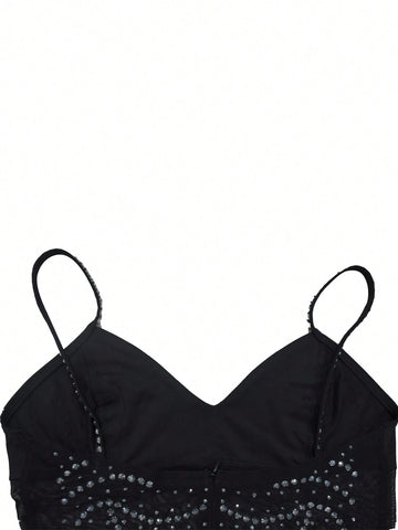 Stylish European And American See-Through Crystal Mesh Spaghetti Strap Cocktail Party Dress