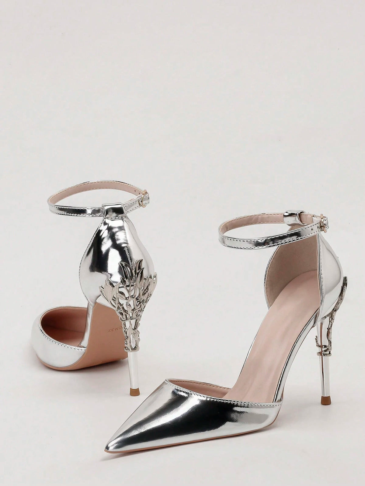 Stylish Metal Flower Decor Pointed Toe Ankle Strap High Heel Sandals