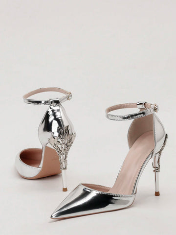 Stylish Metal Flower Decor Pointed Toe Ankle Strap High Heel Sandals