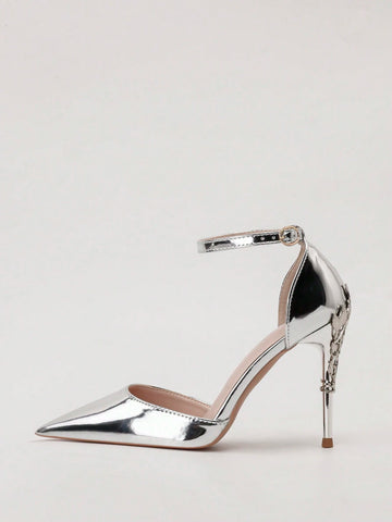 Stylish Metal Flower Decor Pointed Toe Ankle Strap High Heel Sandals