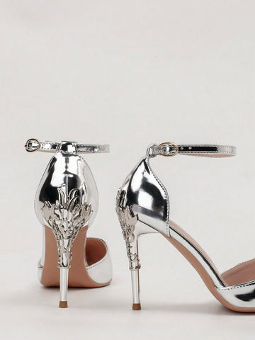 Stylish Metal Flower Decor Pointed Toe Ankle Strap High Heel Sandals