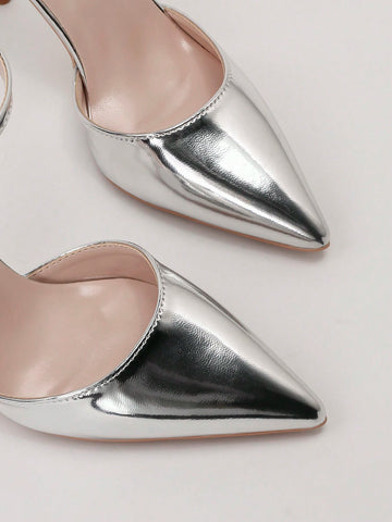 Stylish Metal Flower Decor Pointed Toe Ankle Strap High Heel Sandals