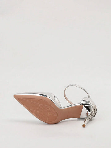 Stylish Metal Flower Decor Pointed Toe Ankle Strap High Heel Sandals