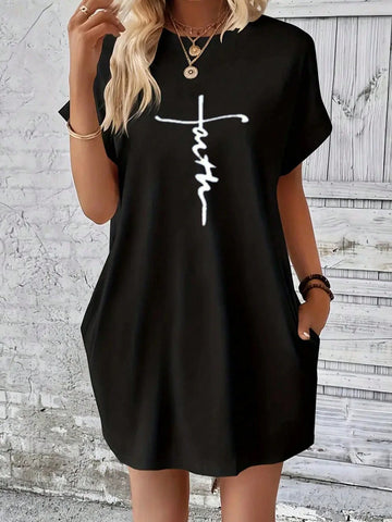 Stylish Monogram T-Shirt Dress - Casual Crew Neck, Short Sleeves, Stretch Fabric, Machine Washable - Perfect For Spring And Summer