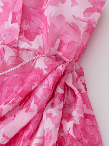 Stylish Oblique Shoulder Dress Made With Textured Floral Fabric