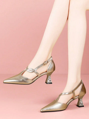 Stylish One-Buckle Pointed Toe Chunky Heeled Pumps, Professional Wear