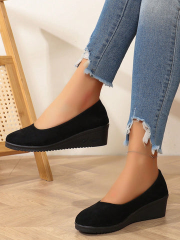 Suede Flat Slip-On Shoes For Women, Fashion Comfortable Casual Boat Shoes, Round Toe Black