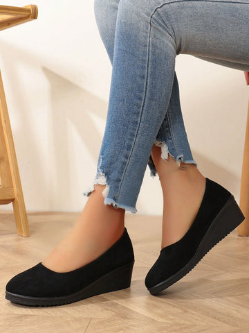 Suede Flat Slip-On Shoes For Women, Fashion Comfortable Casual Boat Shoes, Round Toe Black