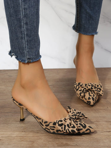 Suedette Leopard Pattern Bow Decor Mule Pumps