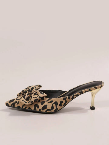 Suedette Leopard Pattern Bow Decor Mule Pumps