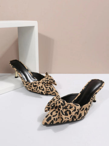 Suedette Leopard Pattern Bow Decor Mule Pumps