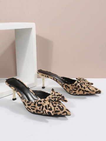 Suedette Leopard Pattern Bow Decor Mule Pumps