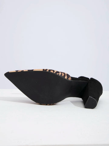 Suedette Leopard Pattern Point Toe Chunky Heeled Ankle Strap Pumps