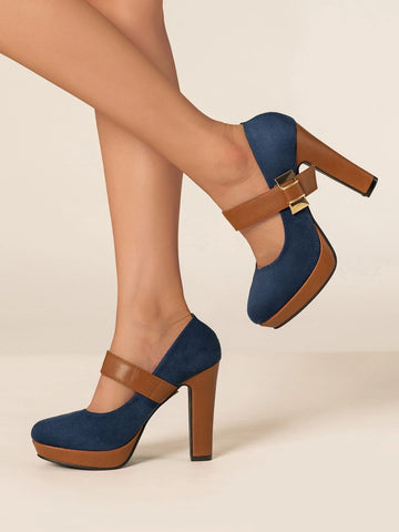 Suedette Platform Chunky Heeled Pumps