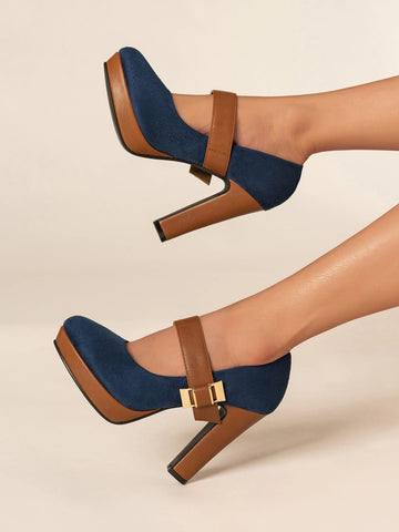 Suedette Platform Chunky Heeled Pumps