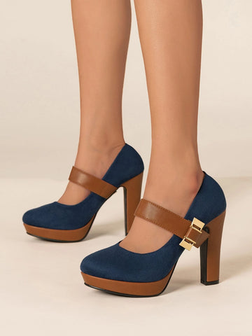 Suedette Platform Chunky Heeled Pumps