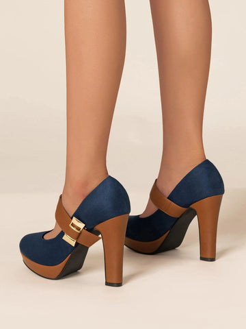 Suedette Platform Chunky Heeled Pumps