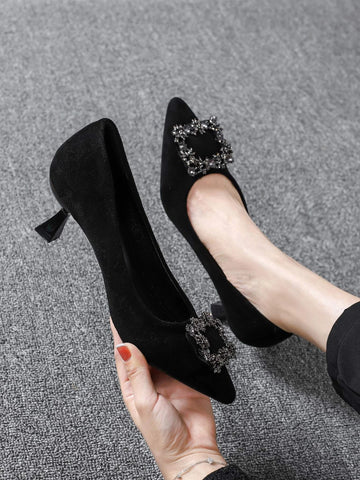 Suedette Rhinestone Decor Pyramid Heeled Court Pumps, Black Fashionable Rhinestone Detail Solid Color Women's High Heels