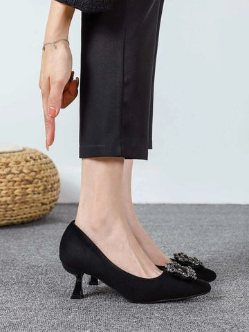 Suedette Rhinestone Decor Pyramid Heeled Court Pumps, Black Fashionable Rhinestone Detail Solid Color Women's High Heels
