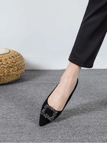 Suedette Rhinestone Decor Pyramid Heeled Court Pumps, Black Fashionable Rhinestone Detail Solid Color Women's High Heels