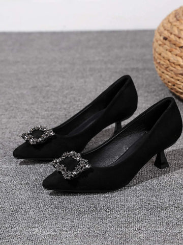 Suedette Rhinestone Decor Pyramid Heeled Court Pumps, Black Fashionable Rhinestone Detail Solid Color Women's High Heels