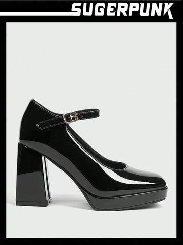 Sugerpunk New Black Lacquered Leather Thick High Heel Platform Mary Jane Shoes, Versatile Fashion Fall