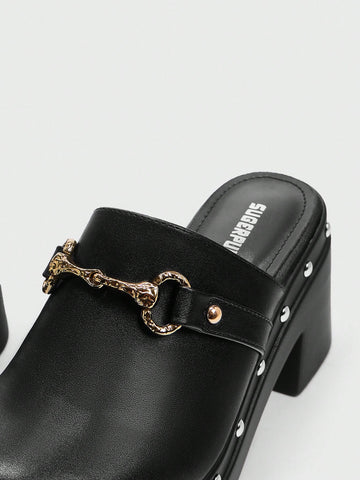 Sugerpunk Women's Fashion Black Back Strap Wooden Mule Platform Shoes New Year Holiday