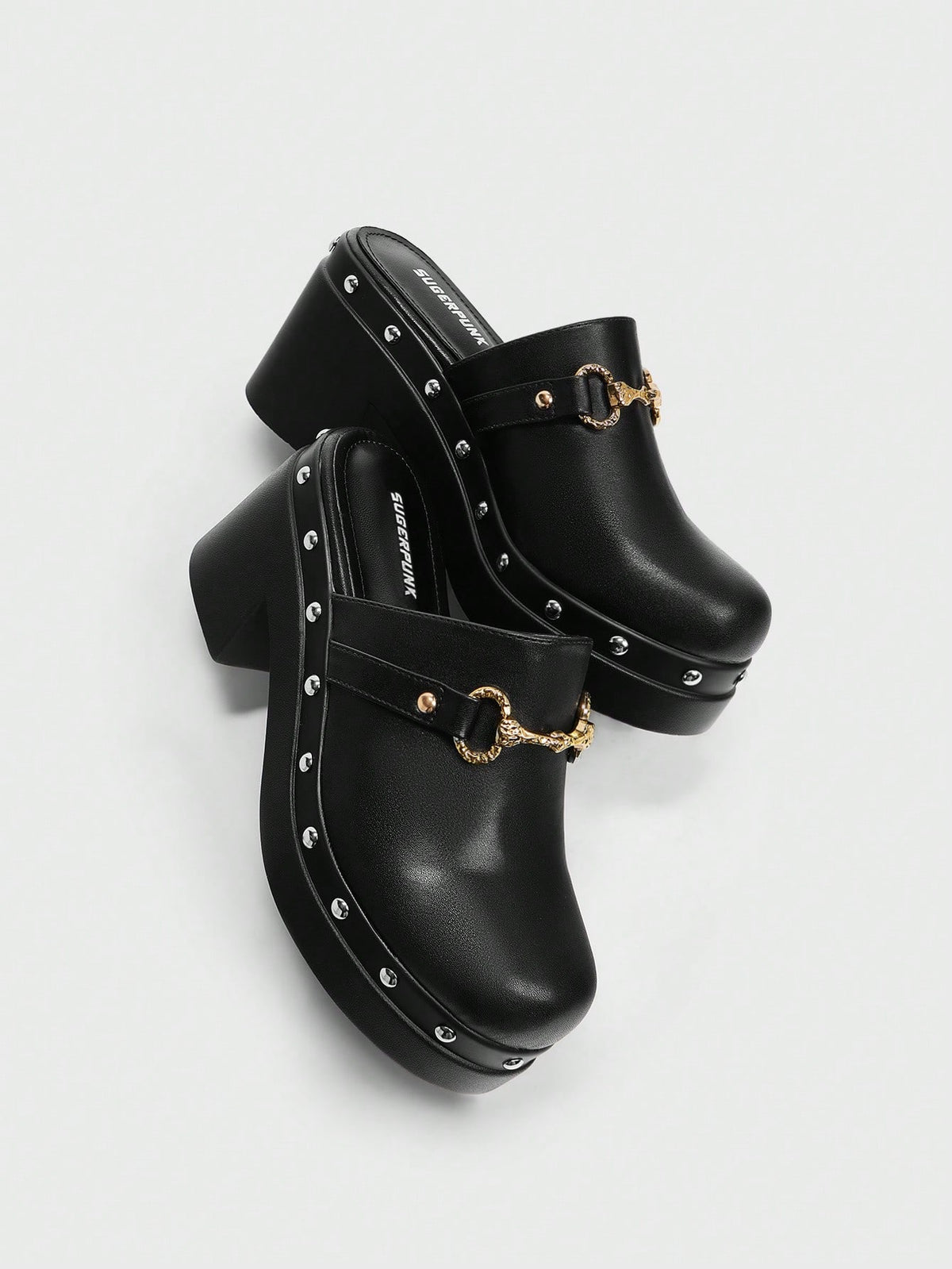 Sugerpunk Women's Fashion Black Back Strap Wooden Mule Platform Shoes New Year Holiday