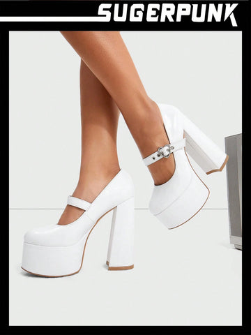 Y2K Women's Sweet Heart Chunky White Heels Round Toe