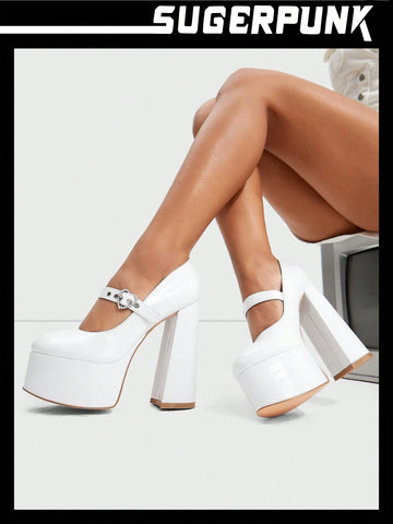 Y2K Women's Sweet Heart Chunky White Heels Round Toe