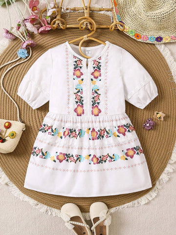 Summer-To-Fall Warm Vacation Style Girls' Dress, Handmade Print With Lace Decor, New For Spring And Summer Seasons