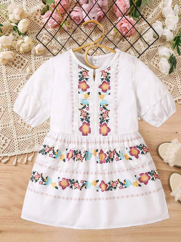 Summer-To-Fall Warm Vacation Style Girls' Dress, Handmade Print With Lace Decor, New For Spring And Summer Seasons