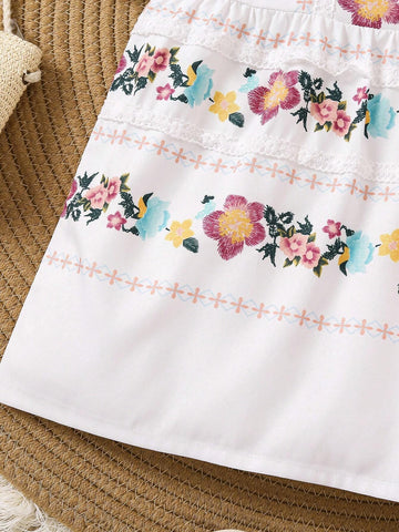 Summer-To-Fall Warm Vacation Style Girls' Dress, Handmade Print With Lace Decor, New For Spring And Summer Seasons
