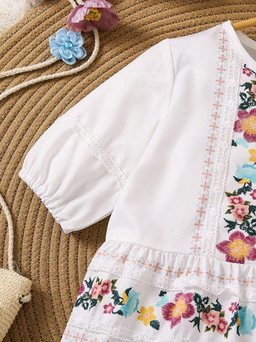 Summer-To-Fall Warm Vacation Style Girls' Dress, Handmade Print With Lace Decor, New For Spring And Summer Seasons