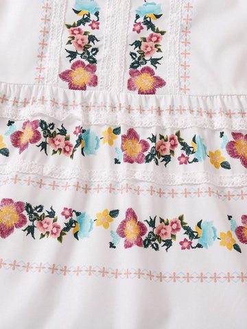 Summer-To-Fall Warm Vacation Style Girls' Dress, Handmade Print With Lace Decor, New For Spring And Summer Seasons