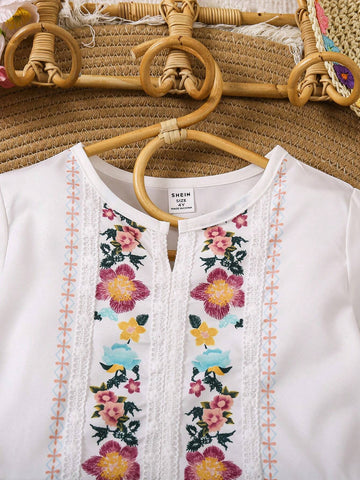 Summer-To-Fall Warm Vacation Style Girls' Dress, Handmade Print With Lace Decor, New For Spring And Summer Seasons