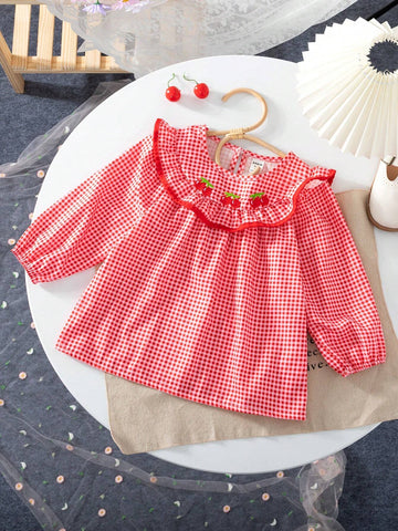 Summer-To-Fall Young Girls' Fruit Embroidery Checkered Long Sleeve Shirt With Ruffle Edge