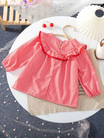 Summer-To-Fall Young Girls' Fruit Embroidery Checkered Long Sleeve Shirt With Ruffle Edge
