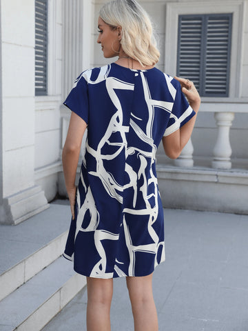 Summer Allover Print Notched Neck Batwing Sleeve Waist Tie Dress