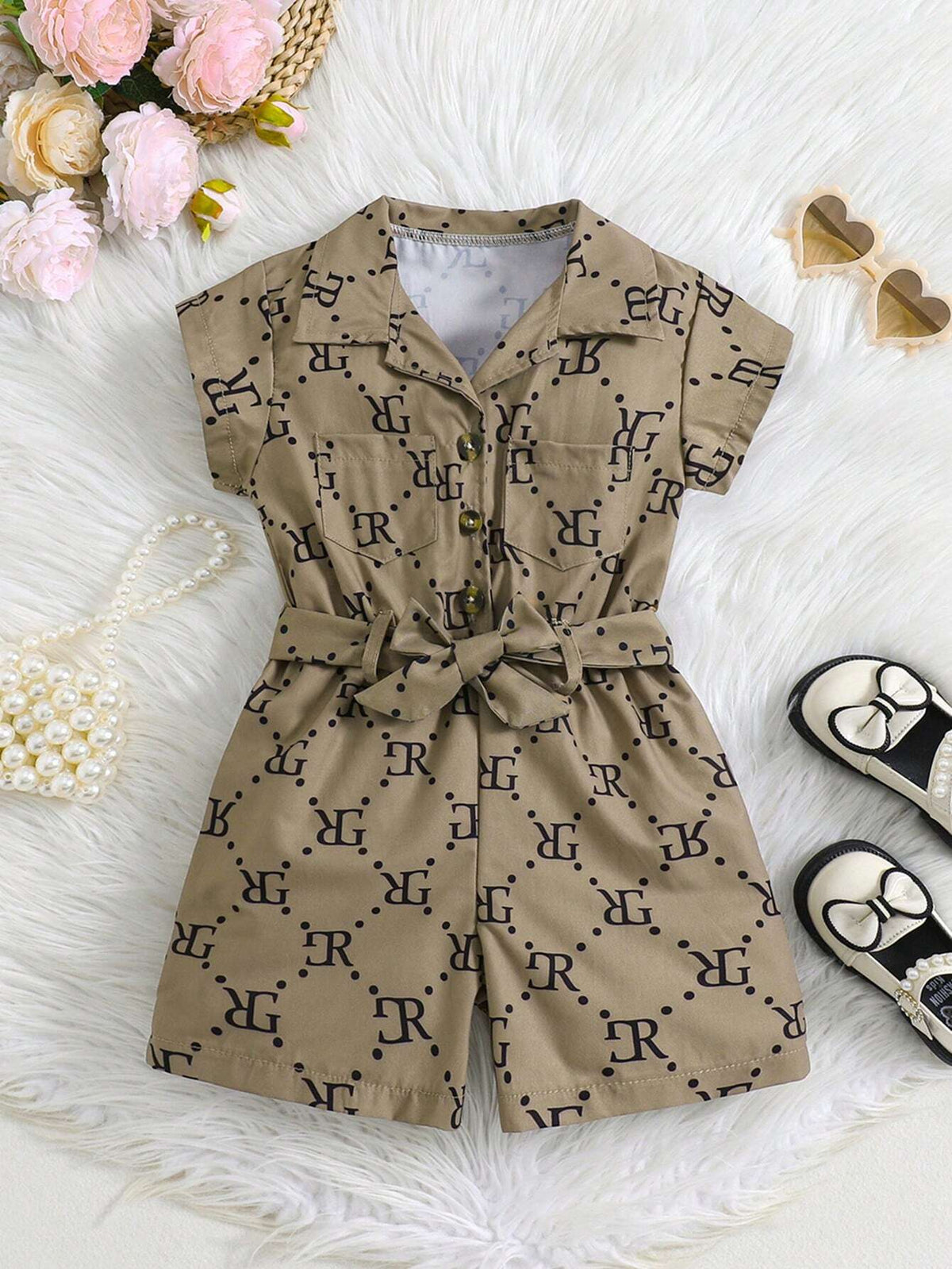 Summer Baby Girls' Fashionable Letter Printed Jumpsuit With Waist Belt