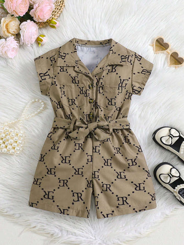 Summer Baby Girls' Fashionable Letter Printed Jumpsuit With Waist Belt