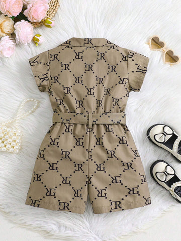 Summer Baby Girls' Fashionable Letter Printed Jumpsuit With Waist Belt
