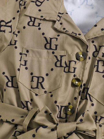 Summer Baby Girls' Fashionable Letter Printed Jumpsuit With Waist Belt