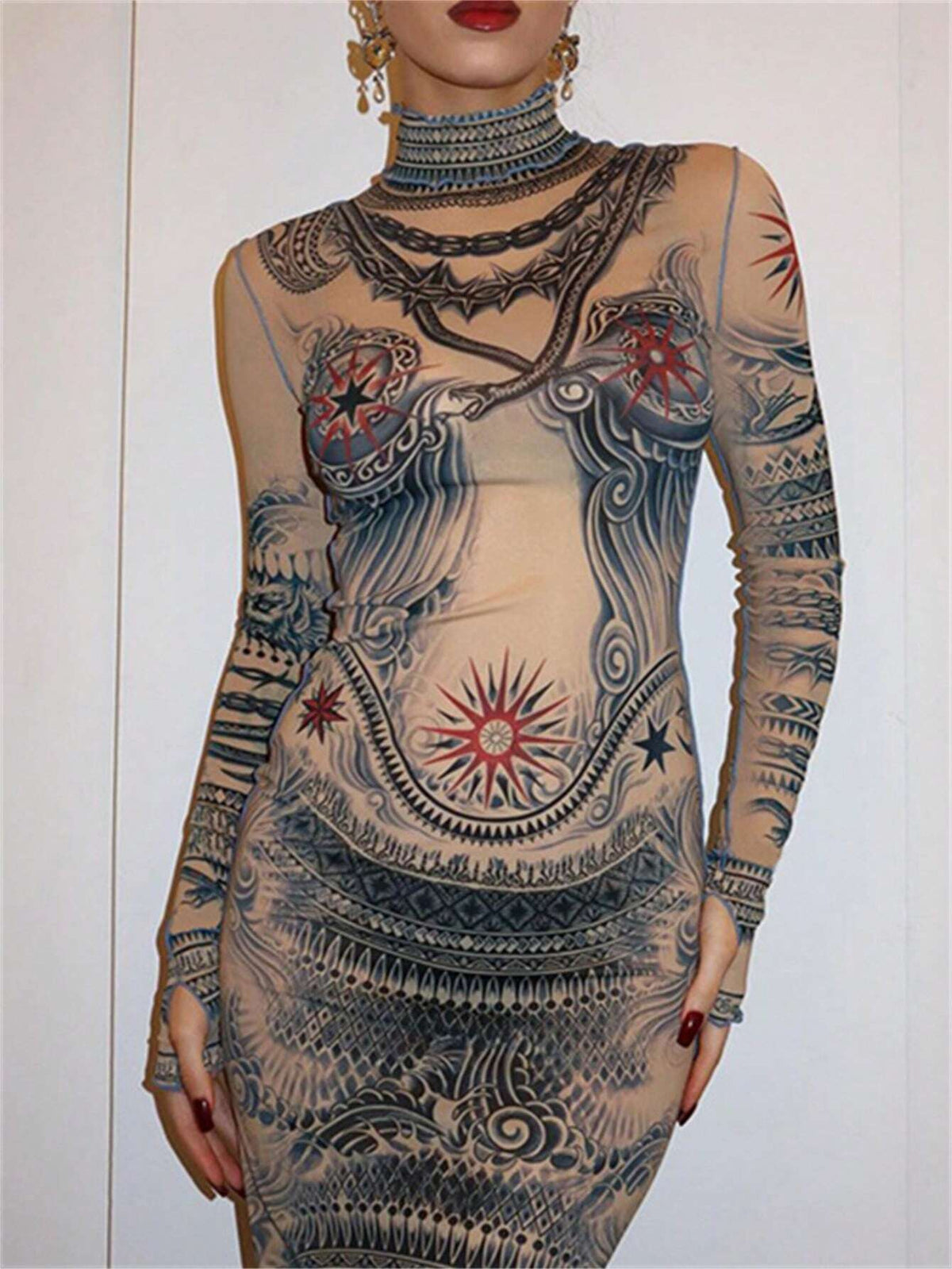 Print Long Sleeve Sexy See Through Midnight Party Bodycon Vintage Long Dress For Women
